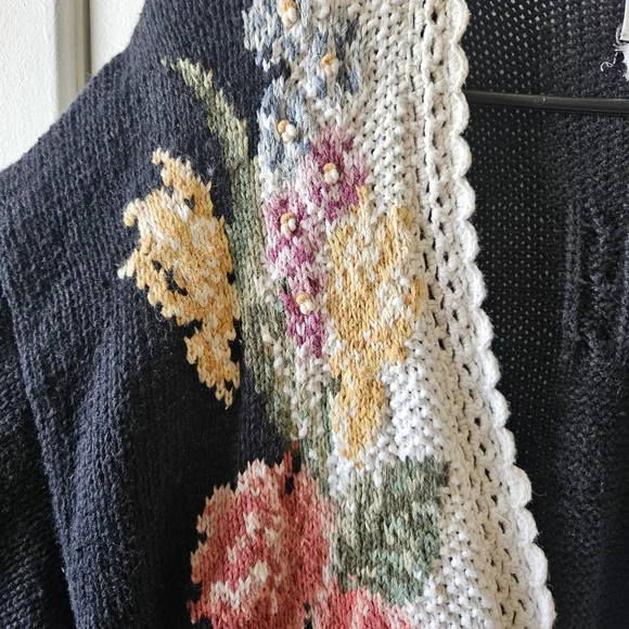 Marisa Christina Black Cardigan with Floral Embroidery Hand Knit - Picture 4 of 5